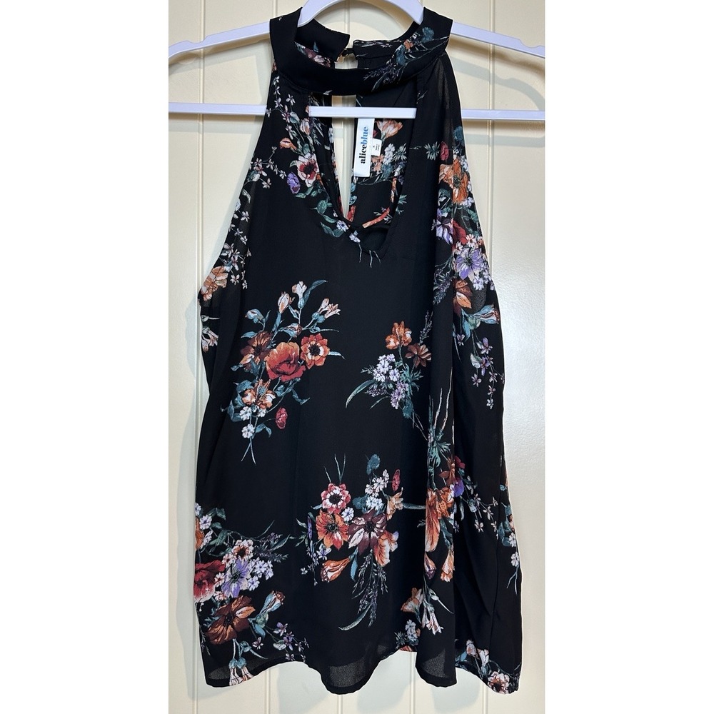Alice Blue Women's black Floral high Neck Keyhole Sleeveless Blouse Top sz S GUC